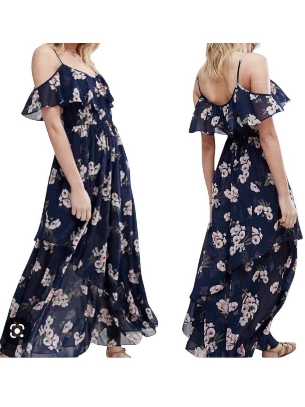 Abercrombie & Fitch Navy Floral Ruffle Off-Shoulder Cold Shoulder Dress Large